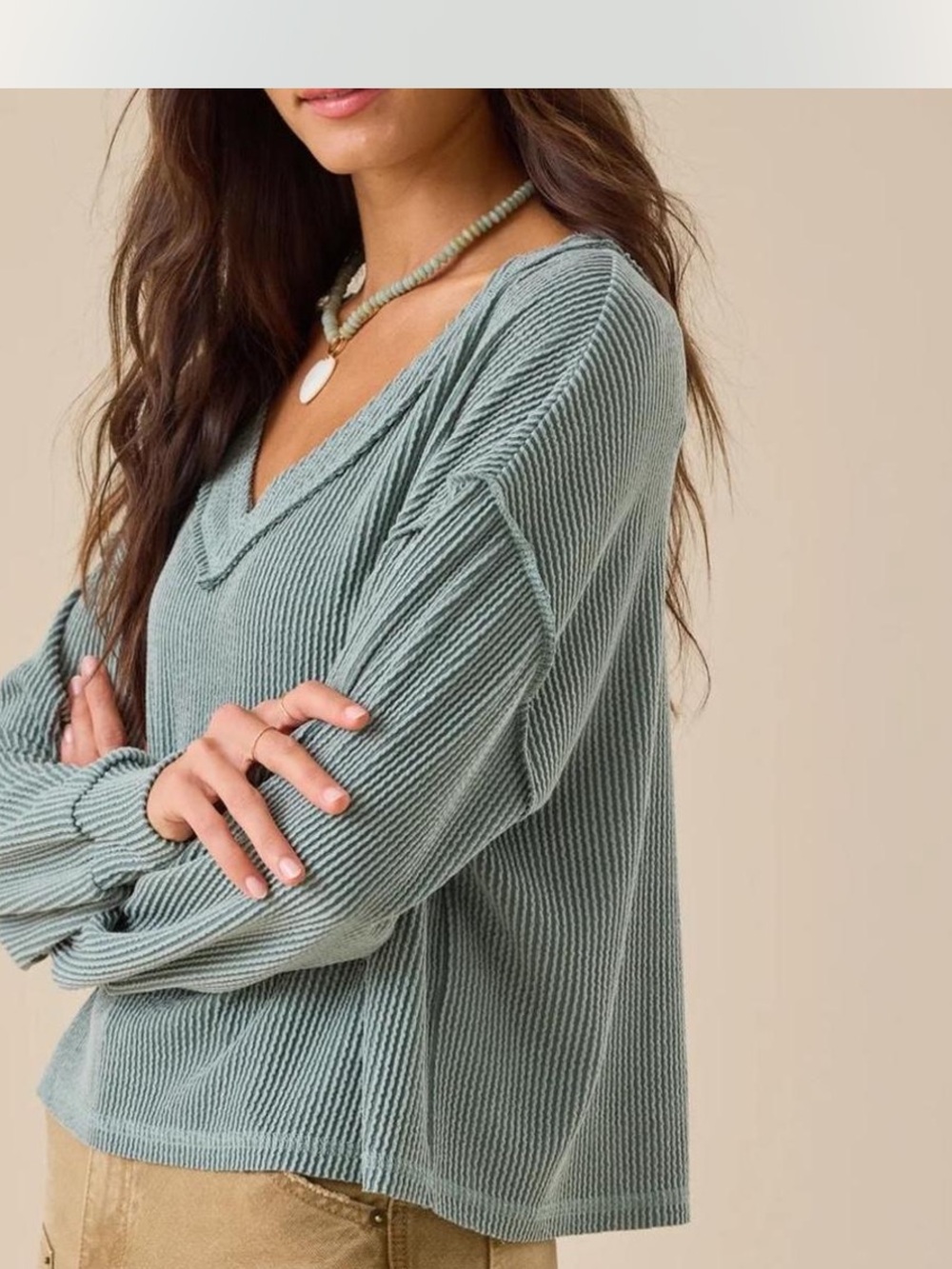 Altar'd State Ribbed V-Neck Pullover in Sage Green